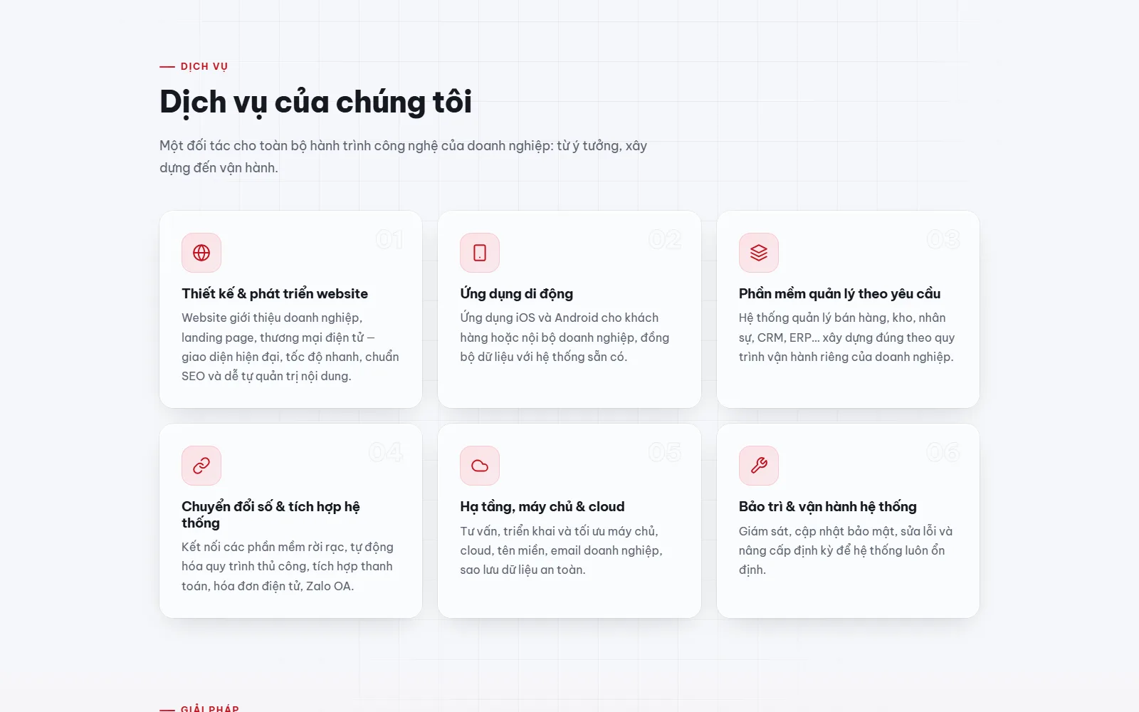 Giới thiệu dịch vụ với thẻ kính mờ, icon thống nhất