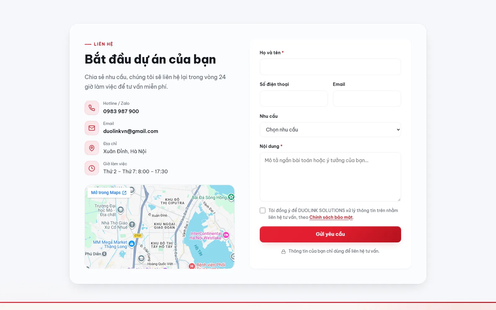 Form liên hệ chống spam, bản đồ, thông báo Telegram tức thì
